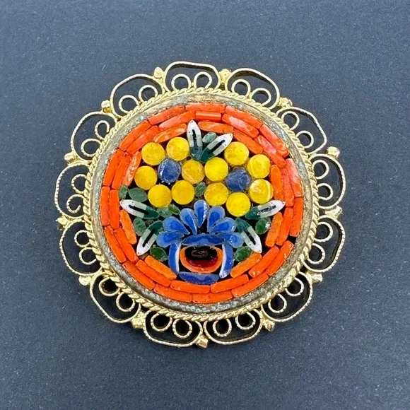 Vintage Italian Micro Mosaic Floral Brooch Scarf Hair Pin - Picture 9 of 9